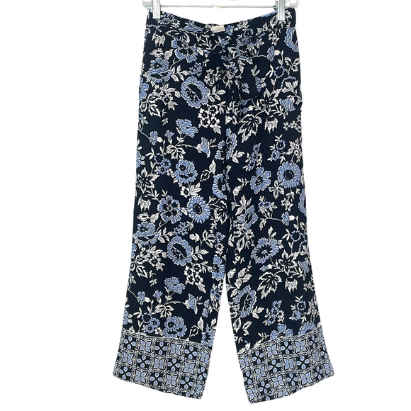 3-FOR-$30 Loft Outlet Sz XS Wide Leg Crop Pants Pull-On Tie Waist Blue Floral - Picture 1 of 8